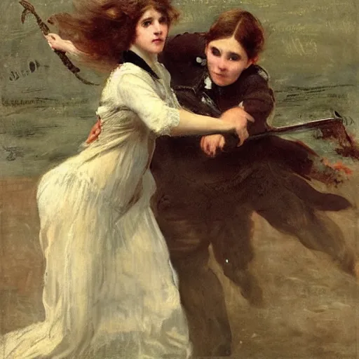 Image similar to young victorian woman fighting a monster, by alfred stevens