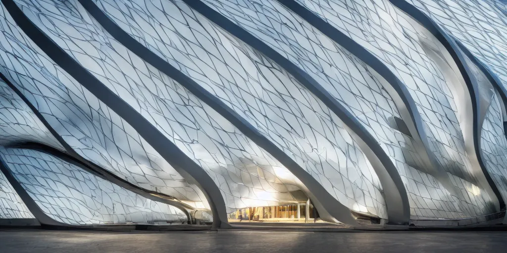 Image similar to extremely elegant smooth detailed stunning sophisticated beautiful elegant futuristic museum exterior by Zaha Hadid, smooth curvilinear design, stunning volumetric light, stainless steel, concrete, translucent material, beautiful sunset, tail lights