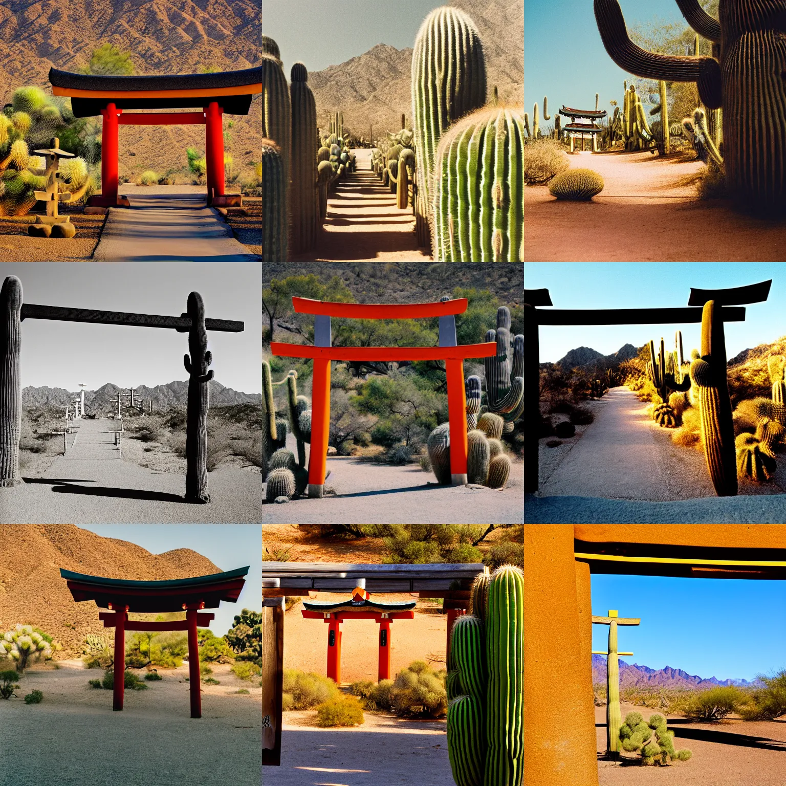 Prompt: a large shinto shrine in the desert, a pair of miniature saguaro cactus at the entrance, view from outside the torii gate, morning, kodak gold 200, film grain, perspective correction, focus stacking