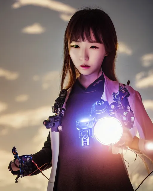 Image similar to beautiful centered photo of korean girl as a solarpunk cyborg with white mechanical parts and implanted bright halogen lamps, treading above calm water, ultra - realistic and detailed, sun lit, white background, bokeh, soft focus, slow exposure hdr 8 k