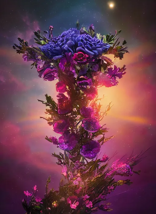 Image similar to An epic fantastic realism comic book style painting of the most beautiful entwined flowers launched across the dark galactic night sky, nebulous bouquets, fisheye lens, unreal 5, DAZ, hyperrealistic, octane render, dynamic lighting