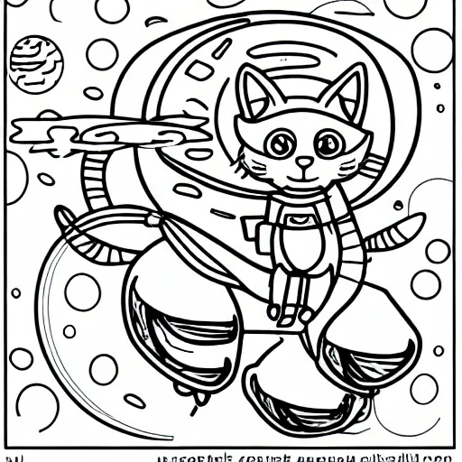 Prompt: Coloring page of an astronaut tabby cat riding a horse, visiting Saturn, surrounded by bubbles