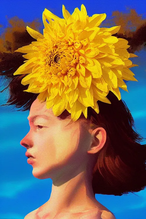 Image similar to closeup girl with huge yellow dahlia flower face, on beach, surreal photography, blue sky, sunrise, dramatic light, impressionist painting, digital painting, artstation, simon stalenhag