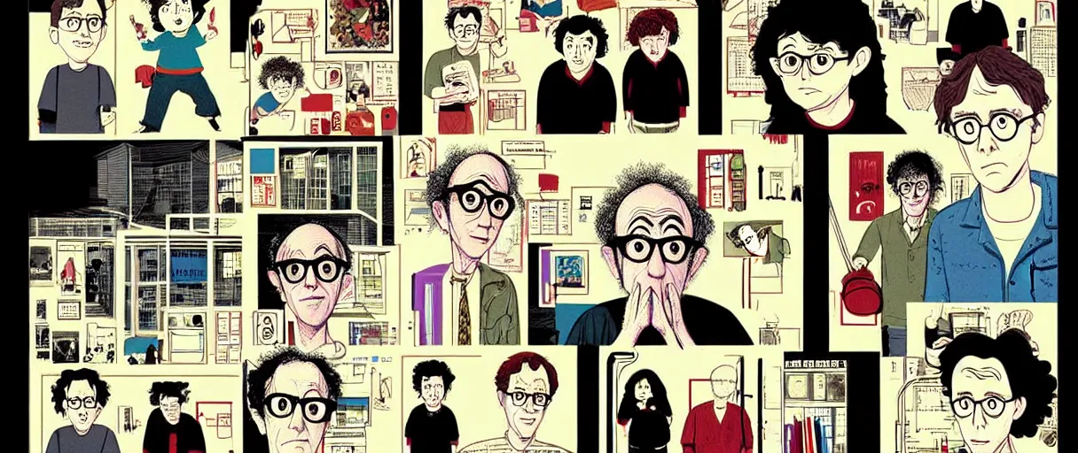 Image similar to character study of todd solondz mixed with charlie kaufman and woody allen | vivid colors : storyboard, dramatic and emotional, concept design, realistic. by gabriel hardman, joe alves, j. todd anderson, chris bonura. cinematic atmosphere, detailed and intricate, perfect anatomy
