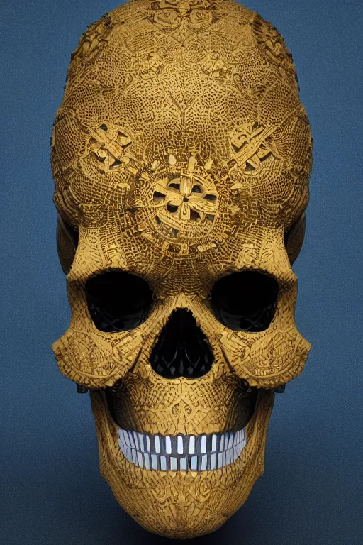 Image similar to hyperrealistic 3 d render skull, the skull is decorated with art deco gears patterns, hyperrealistic, volumetric lighting, ultra detailed, elegant, octane render, blue and gold, 8 k, trending on artstation, unreal engine