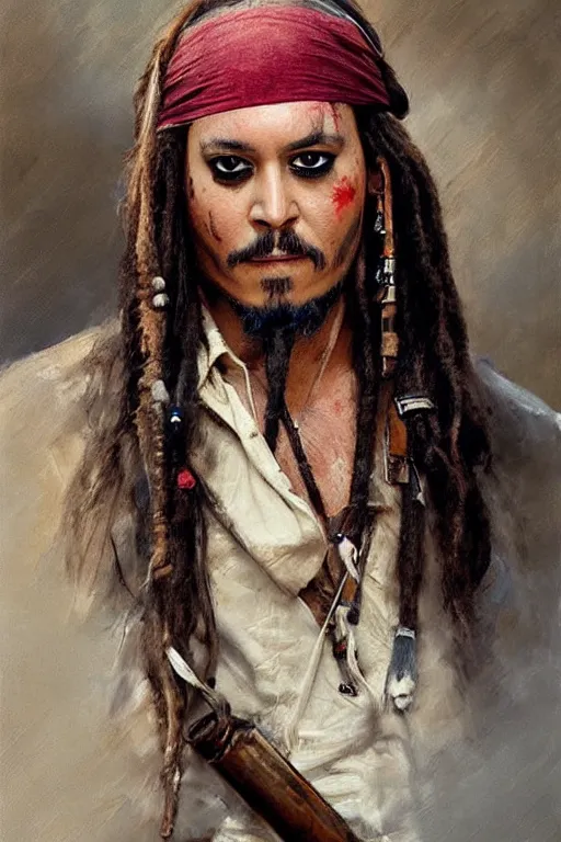 Image similar to Richard Schmid and Jeremy Lipking full length portrait painting of Captain Jack Sparrow