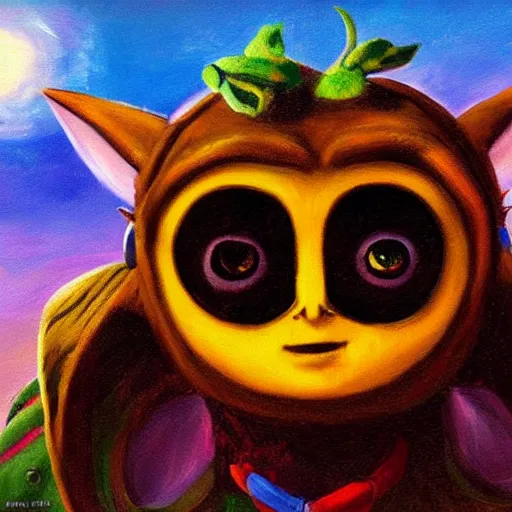 Image similar to zelda majora's mask moon in the sky, oil painting, beautiful, disney, pixar, artgerm