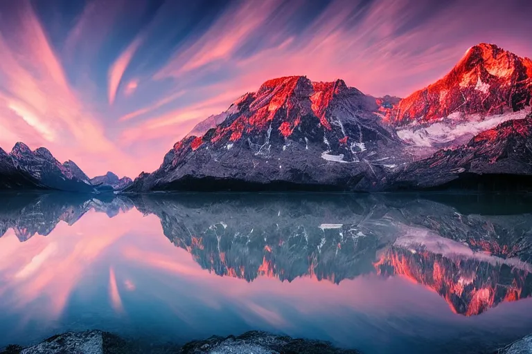 Image similar to amazing landscape photo of mountains with lake in sunset by marc adamus, beautiful, dramatic lighting