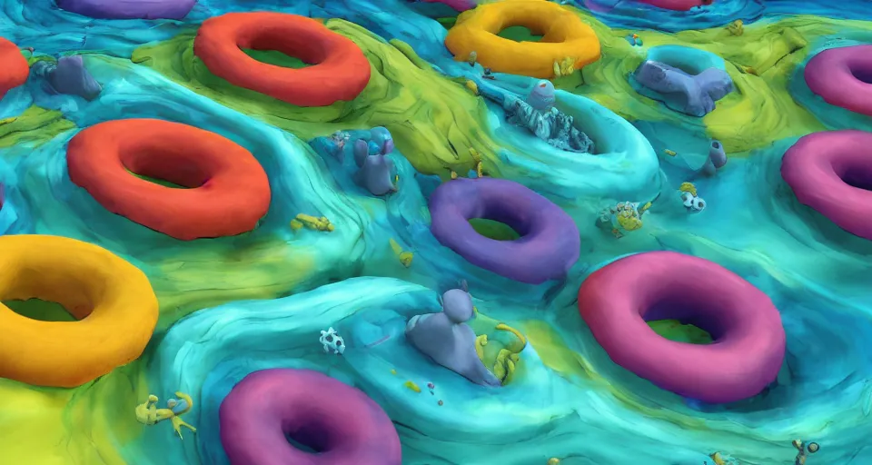 Image similar to storybook imagery. landscape photography of a turbulent donut ocean that is made up of a sea of giant donuts. claymation. diorama. digital art. colorful. render. 4 k. 8 k. trending. wallpaper.