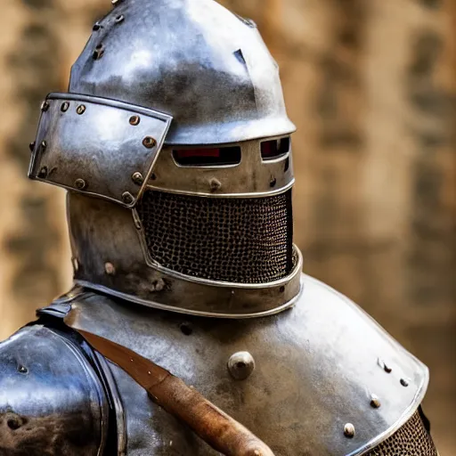 Image similar to one - armed medieval armored knight with a bucket on his head instead of a helmet, highly detailed photography