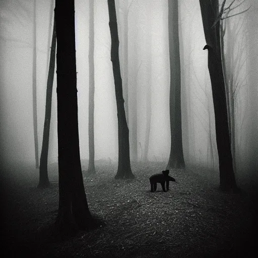 Image similar to deep misty forest with black hairy demon behind the tree, monochrome lomography