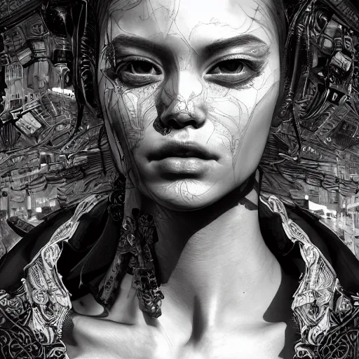 Image similar to the portrait of an absurdly beautiful, graceful, elegant, sophisticated, fashionable cyberpunk gravure idol, an ultrafine hyperdetailed illustration by kim jung gi, irakli nadar, vania zouravliov, intricate linework, bright colors, porcelain skin, unreal engine 5 highly rendered, global illumination, radiant light, detailed and intricate environment