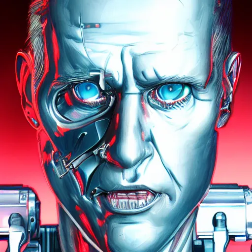 Image similar to James Cameron as the T-800 Terminator, the terminator robot looks exactly like James Cameron, eyes glowing red, ambient lighting, 4k, anime key visual, lois van baarle, ilya kuvshinov, rossdraws, artstation