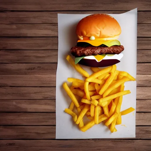 Prompt: knolling of a cheeseburger, photo