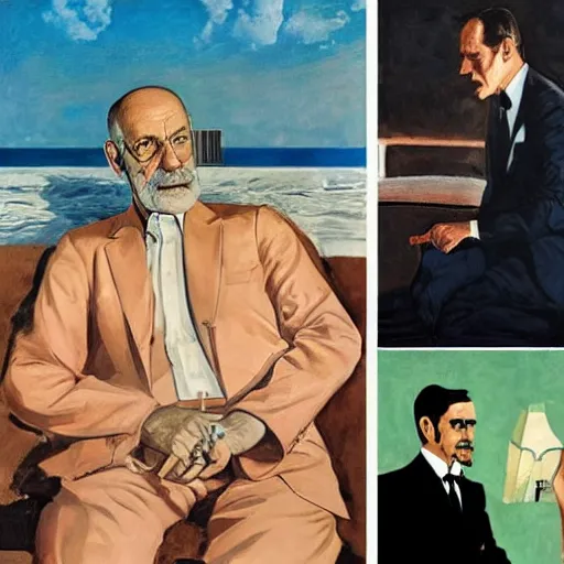 Image similar to sigmund freud as james bond, by robert e. mcginnis, by paula rego, by neo rauch, by eric fischl