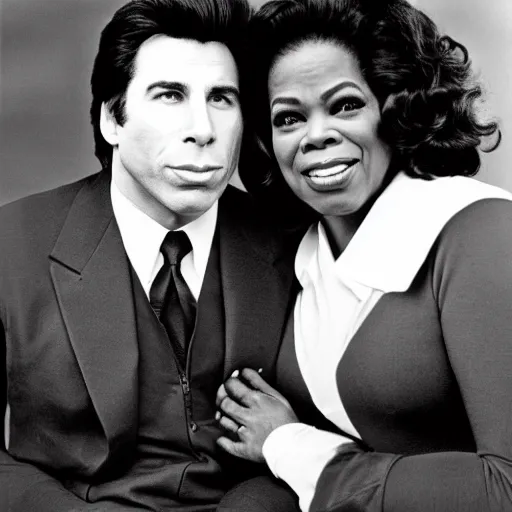 Prompt: john travolta and Oprah Winfrey huffing glue, photograph by Dorothea Lange
