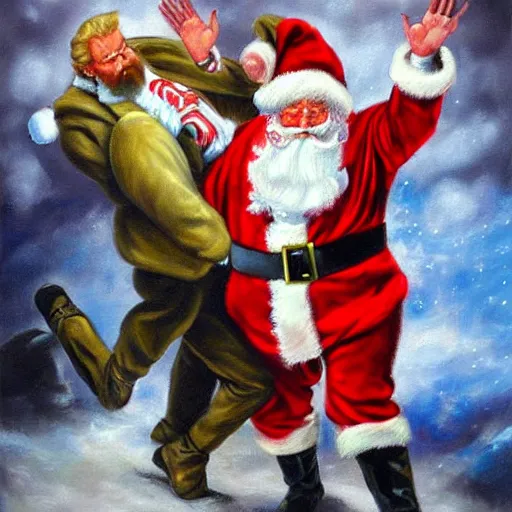 Image similar to detaile oil painting of santa claus beating up donald trump