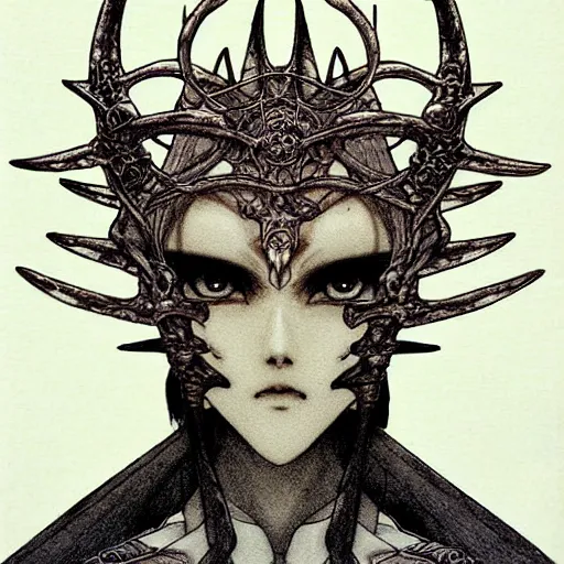 Image similar to prompt: Fragile looking vessel portrait soft light drawn by Takato Yamamoto, inspired by Fables, weapons around the face, ancient dark chrome knight armor, magical and alchemical objects on the side, soft light, white background, intricate detail, intricate oil painting detail, sharp high detail, manga and anime 2000