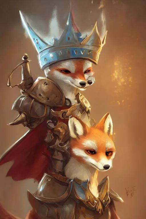 Image similar to cute little anthropomorphic foxy knight wearing a cape and a crown, tiny, small, miniature fox, baby animal, short, pale blue armor, cute and adorable, pretty, beautiful, DnD character art portrait, matte fantasy painting, DeviantArt Artstation, by Jason Felix by Steve Argyle by Tyler Jacobson by Peter Mohrbacher, cinematic lighting