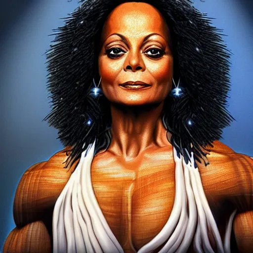 Prompt: Diana ross with the physique of a body builder, hyper realistic and ultra detailed face, cinematic, dynamic lighting, photorealistic, refined, intricate, digital art, digital painting, masterpiece, 8k