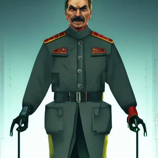 Image similar to cyberpunk joseph stalin as the leader of a futuristic communist society, cybernetics, sharp lines, digital, artstation, colored in