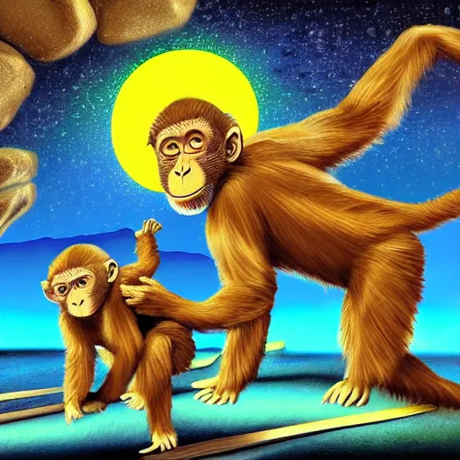 Image similar to high quality digital painting, monkeys playing with glowing radioactive rocks, nuclear power plant in the background