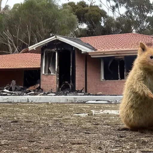 Prompt: a quokka laughing while a house is on fire in the background