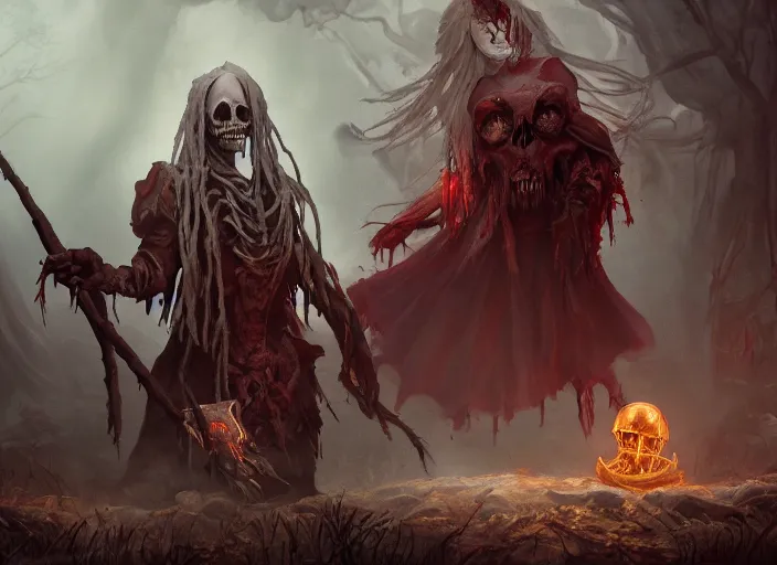 Prompt: cinematic still of a macabre necromancer casts a gruesome enchantment across a land of fertility and wealth, diminishing the land's value and robustness, trending on artstation, digital art, award winning
