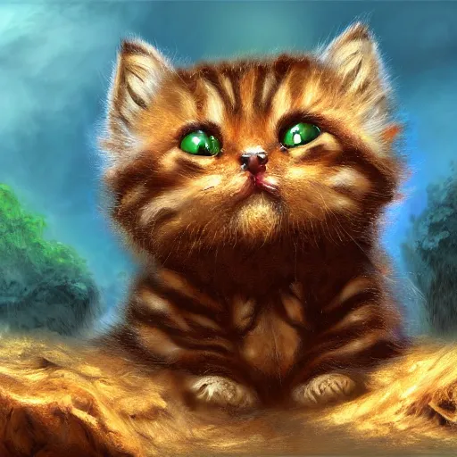 Image similar to rescue from the underworld, shadows of the past, chubby moss kitten, highly detailed, digital painting, HDRI, by tyler boswell and jeff easley, vivid colors, high contrast, 8k resolution, intricate, photorealistic, smooth