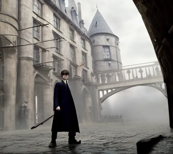 Prompt: Daniel radcliffe as harry potter, epic wide shot, cinematic shading, widescreen, sharp image, warm colors, Blu-Ray, directed by Christopher Nolan and Asher Duran