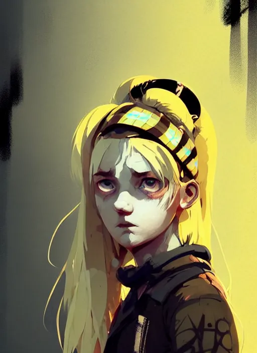 Image similar to highly detailed closeup portrait of a sewer punk pretty swedish female road warrior student, tartan garment, blonde hair pigtails with headband by atey ghailan, by greg rutkowski, by greg tocchini, by james gilleard, by joe fenton, by kaethe butcher, gradient yellow, black, brown and white color scheme, grunge aesthetic!!! white graffiti tag wall background