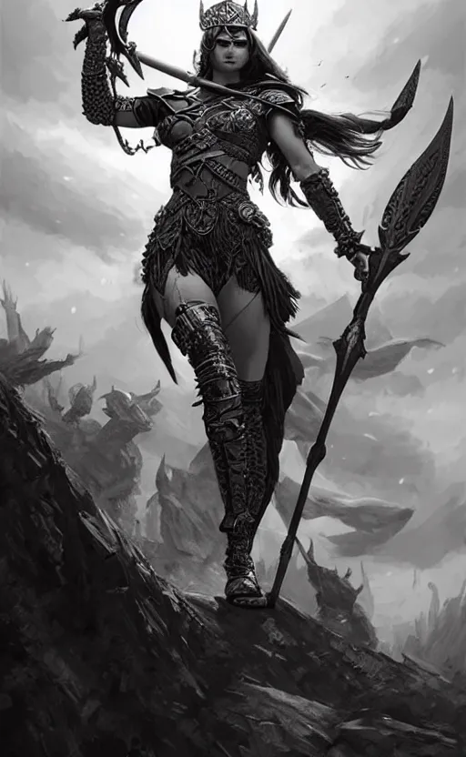 Prompt: valkyrie standing triumphantly atop a pile of bones, epic fantasy, insane details, illustration, artstation, intricate, sharp focus, elegant, concept art, art by stanley lau, artgerm