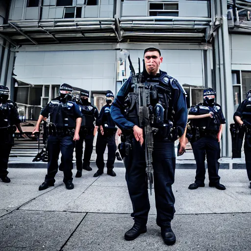 Prompt: Extremely intimidating police unit meant to invoke fear, military equipment, scary, full shot, Canon EOS