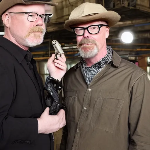 Prompt: Jamie Hyneman and Adam Savage take photo in opening Mythbusters episode