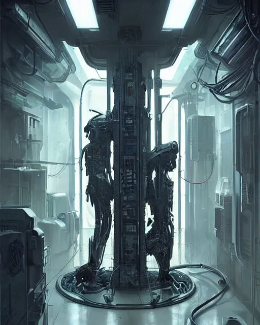 Image similar to neon surgery machine cyberpunk futuristic, in a white room, art by giger, greg rutkowski