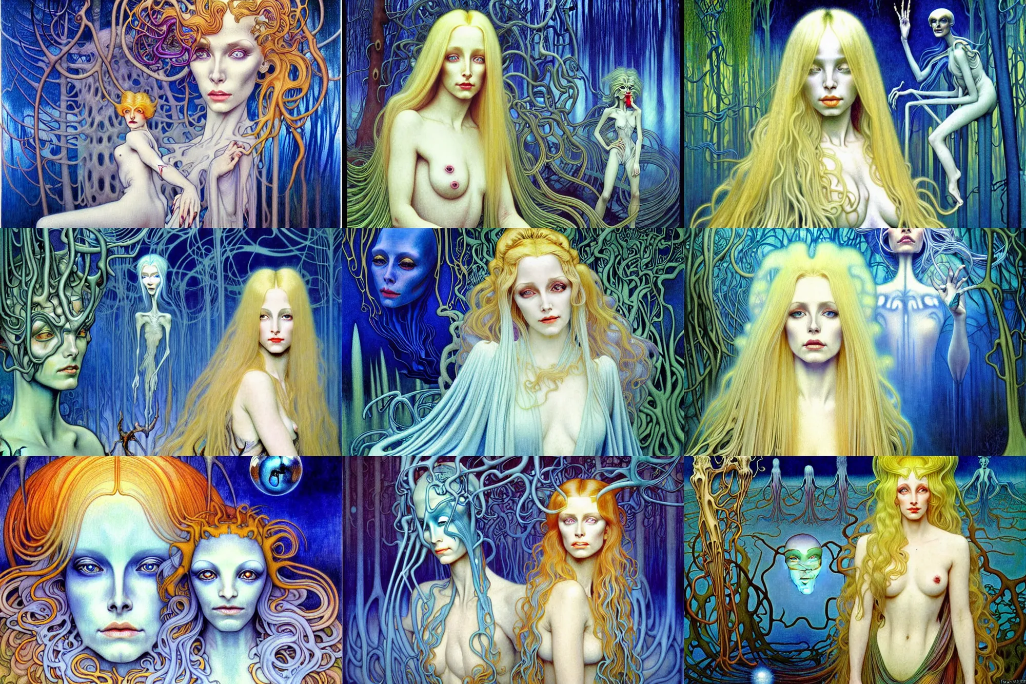 Prompt: realistic detailed portrait painting of a beautiful ghost woman with blond hair with an alien, futuristic sci-fi forest on background by Jean Delville, Amano, Yves Tanguy, Alphonse Mucha, Edward Robert Hughes, Roger Dean, rich moody colours, blue eyes