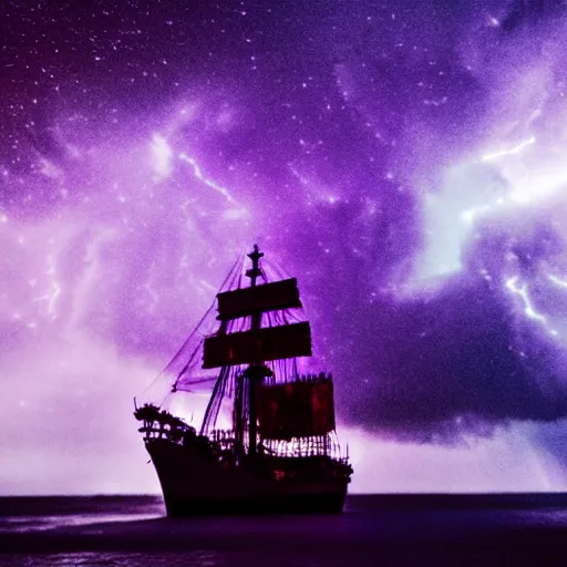 Prompt: purple color lighting storm with stormy sea, pirate ship firing its cannons real life trippy nebula sky 50mm shot