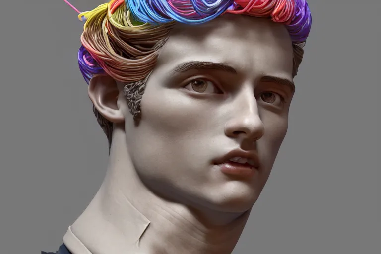 Prompt: a beautiful porcelain Baroque style bust of handsome young Spanish man with colored pipecleaners coming out of the neck suspended in space, photorealism, octane render, depth of field, 8k, 35mm, artgem, Trending on artstation