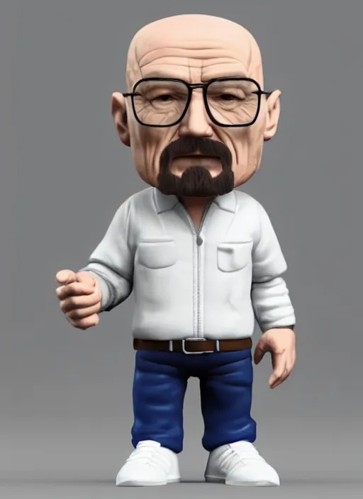 Prompt: full body 3 d render of walter white as a funko pop, studio lighting, white background, blender, trending on artstation, 8 k, highly detailed