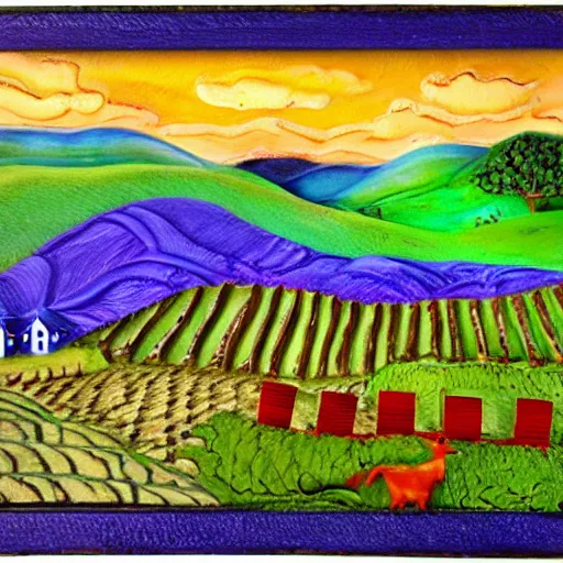 Image similar to rolling hills and a farm, appalachian folk art, mixed media, 3 d, detailed, award winning, blue, purple, red, orange, green