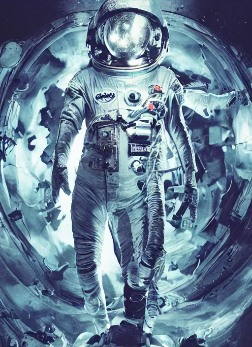 Image similar to astronauts in dark and empty void underwater poster - complex and hyperdetailed technical suit. reflection and dispersion materials. rays and dispersion of light. volumetric light. 5 0 mm, f / 3 2. noise film photo. flash photography. ultra realistic, wide angle. poster by wayne barlowe, hajime sorayama aaron horkey, craig mullins