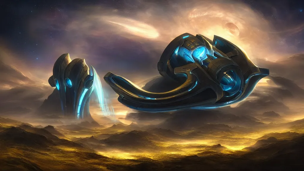 Prompt: protoss spaceship by marc adamus, beautiful dramatic lighting