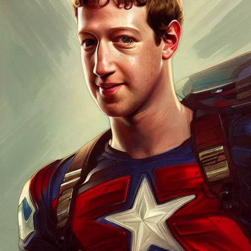 Prompt: symmetry portrait of mark zuckerberg as captain america, elegant, highly detailed, digital painting, artstation, concept art, smooth, sharp focus, illustration, art by artgerm and greg rutkowski and alphonse mucha h - 7 6 8 s - 5 0