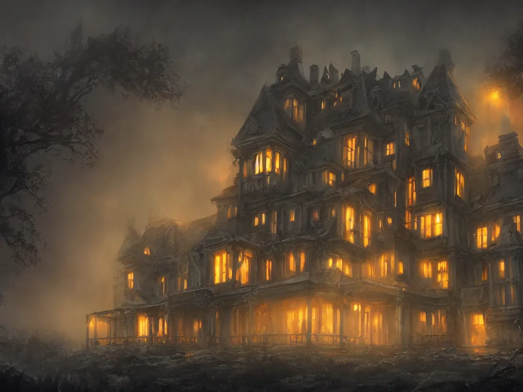 Prompt: a haunting matte painting of a disturbing scary mansion with eerie glowing windows at the edge of world, concept art, illustration, trending on artstation, vibrant colors, 4 k wallpaper