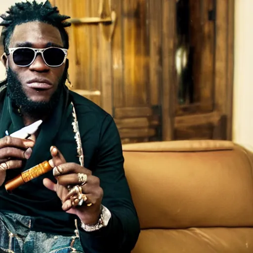 Image similar to burna boy, at church, rolling a cigarette, with a bottle of liquor next to him