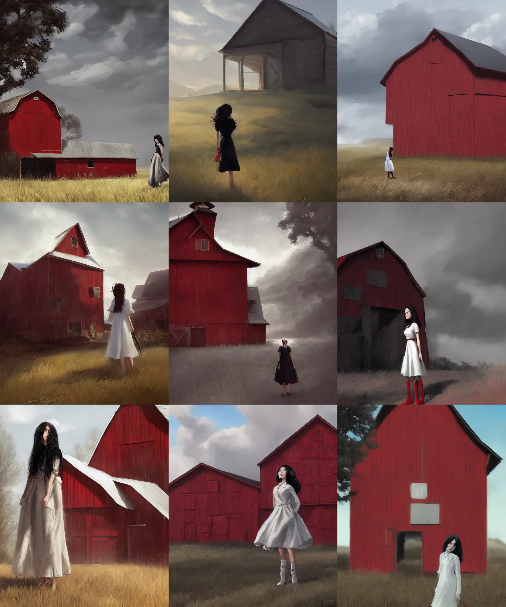 Prompt: a young woman in the shadow! of a red barn!. black hair, white! dress, sharp focus, wide angle, digital painting by eddie mendoza, trending on artstation