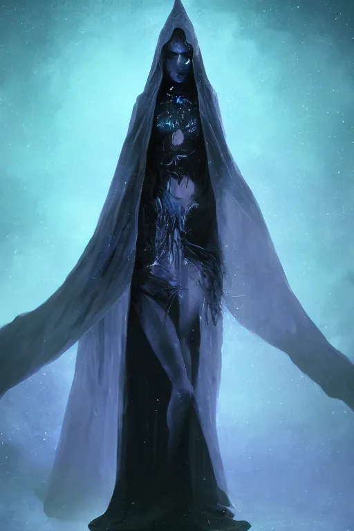 Prompt: a full body portrait of a mysterious goddess with a very long hooded cloak made of stars and clouds, by maciej kuciara and jason chan, ominous, cosmic horror, trending on artstation, ultra detailed, hyper realistic 4 k, volumetric light, iridescent, rainbow colors
