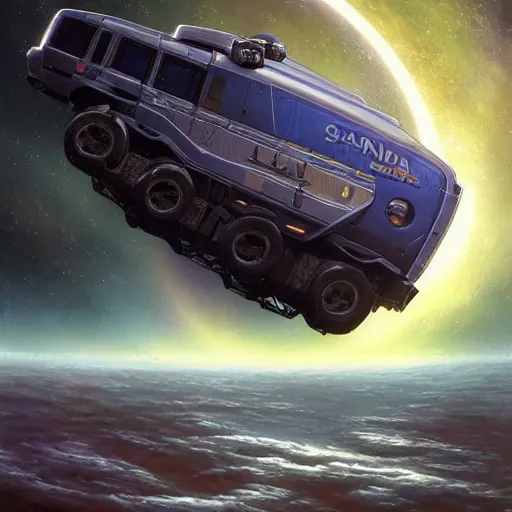Prompt: truck scania!!!, as a realistic scifi spaceship!!!, floating in space, thrusters placed instead of wheels!!, wide angle shot art by donato giancola and greg rutkowski, vintage retro scifi, realistic space, digital art, trending on artstation, symmetry!!!