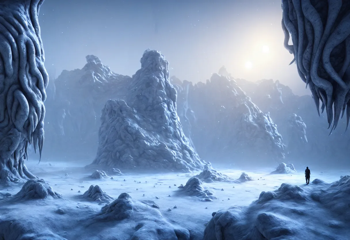 Prompt: alien winter landscape of human mind and imagination, matte painting, beautiful render, octane render, concept art