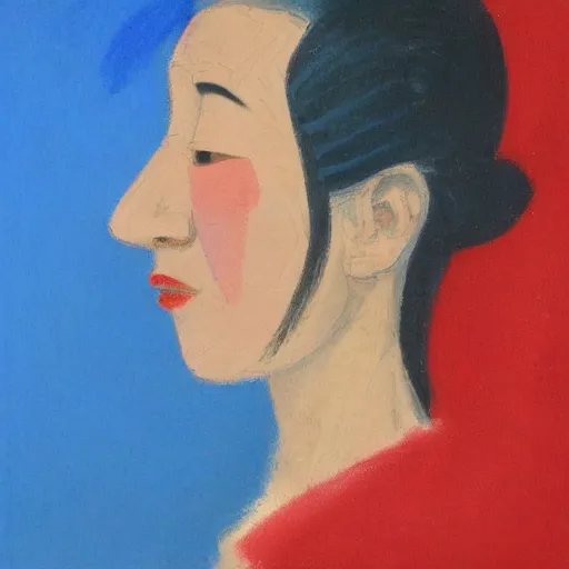 Prompt: profile portrait in mongolian realist style ( 1 9 5 4 ), cerulean blue, cadmium red, zinc white, modeled lighting, detailed, expressive, shadows